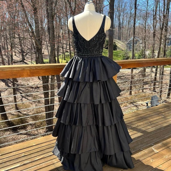 Sherri Hill Black Beaded Ruffle Tiered Prom Dress - Picture 3 of 9